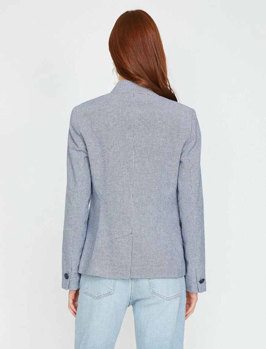 10613 Navy Blue High Collar Plaid Jacket