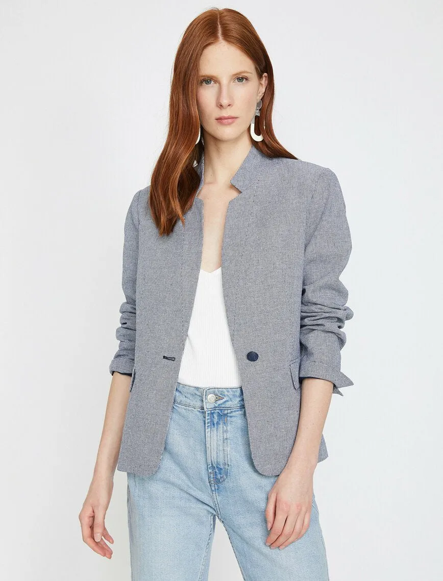 10613 Navy Blue High Collar Plaid Jacket