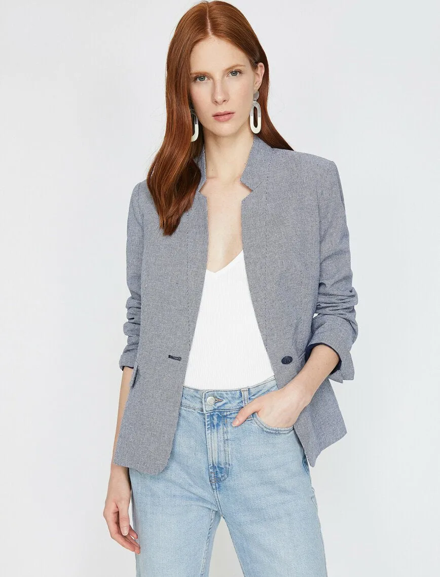 10613 Navy Blue High Collar Plaid Jacket