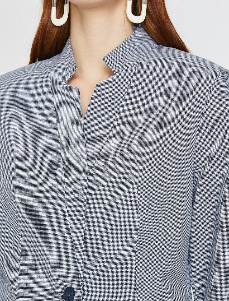 10613 Navy Blue High Collar Plaid Jacket