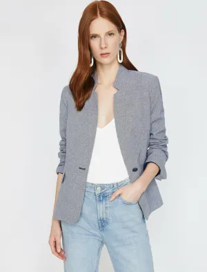 10613 Navy Blue High Collar Plaid Jacket