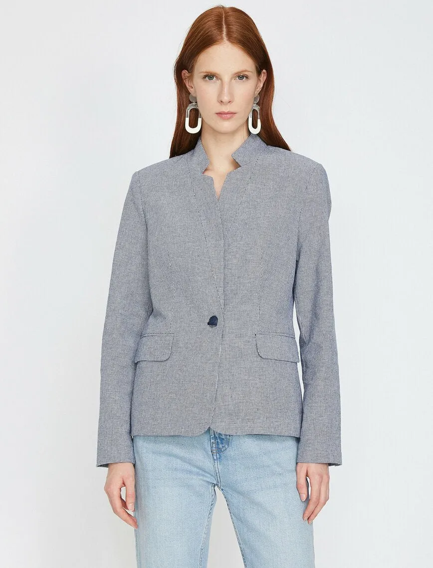 10613 Navy Blue High Collar Plaid Jacket