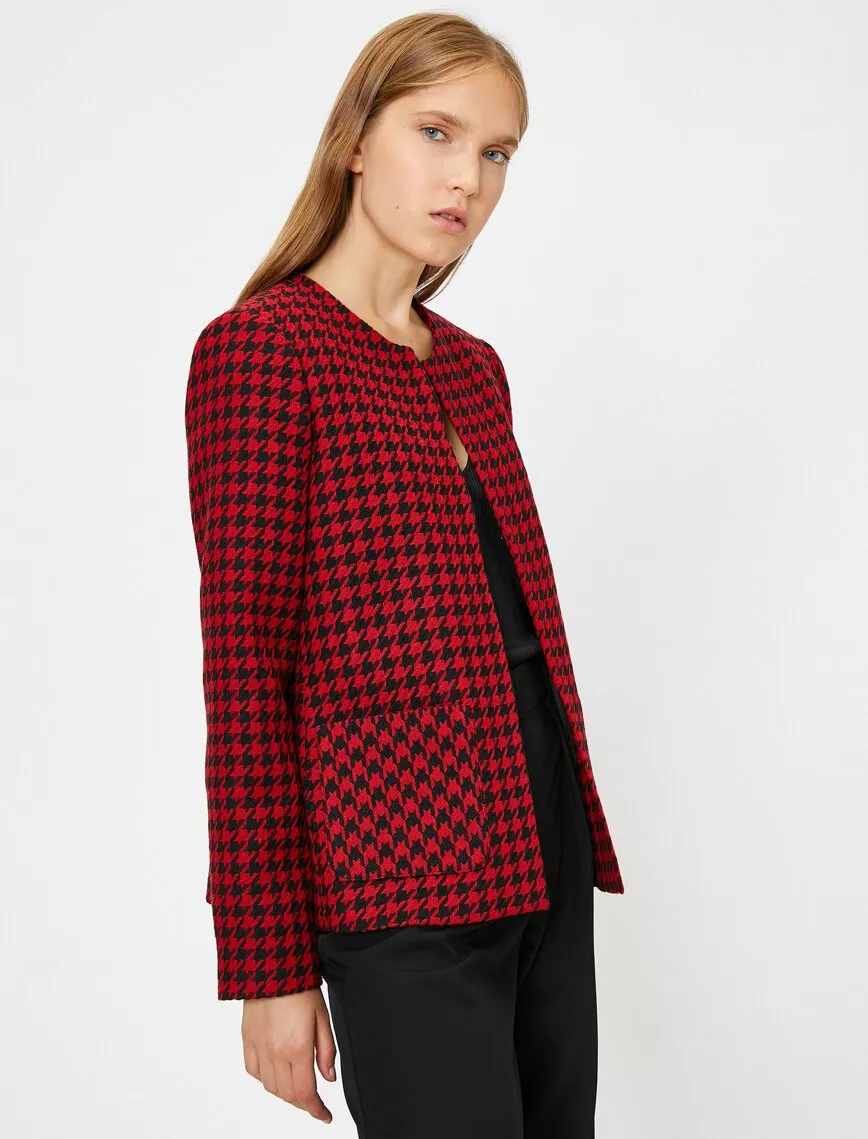 16498 Red Round Neck Check Jacket