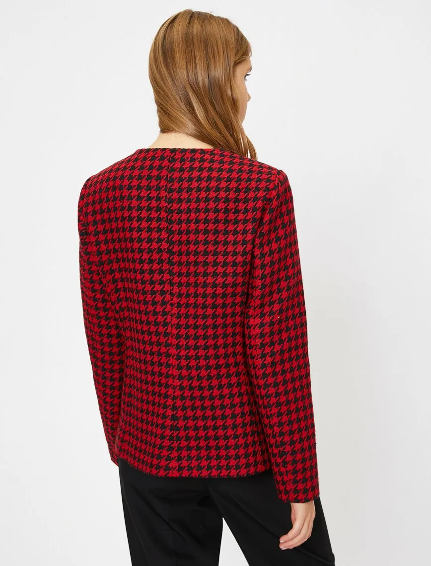 16498 Red Round Neck Check Jacket