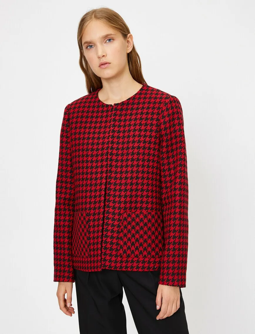 16498 Red Round Neck Check Jacket
