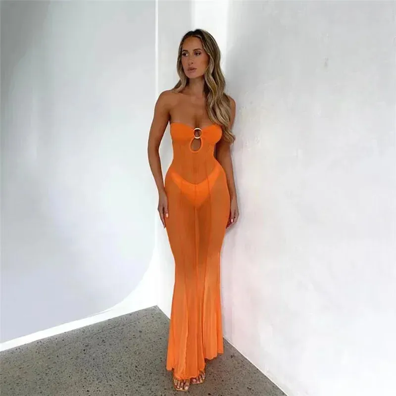 2024 Mesh Wrapped Chest Sexy See Through Cut Out Slim Coquette Beach Party Dress