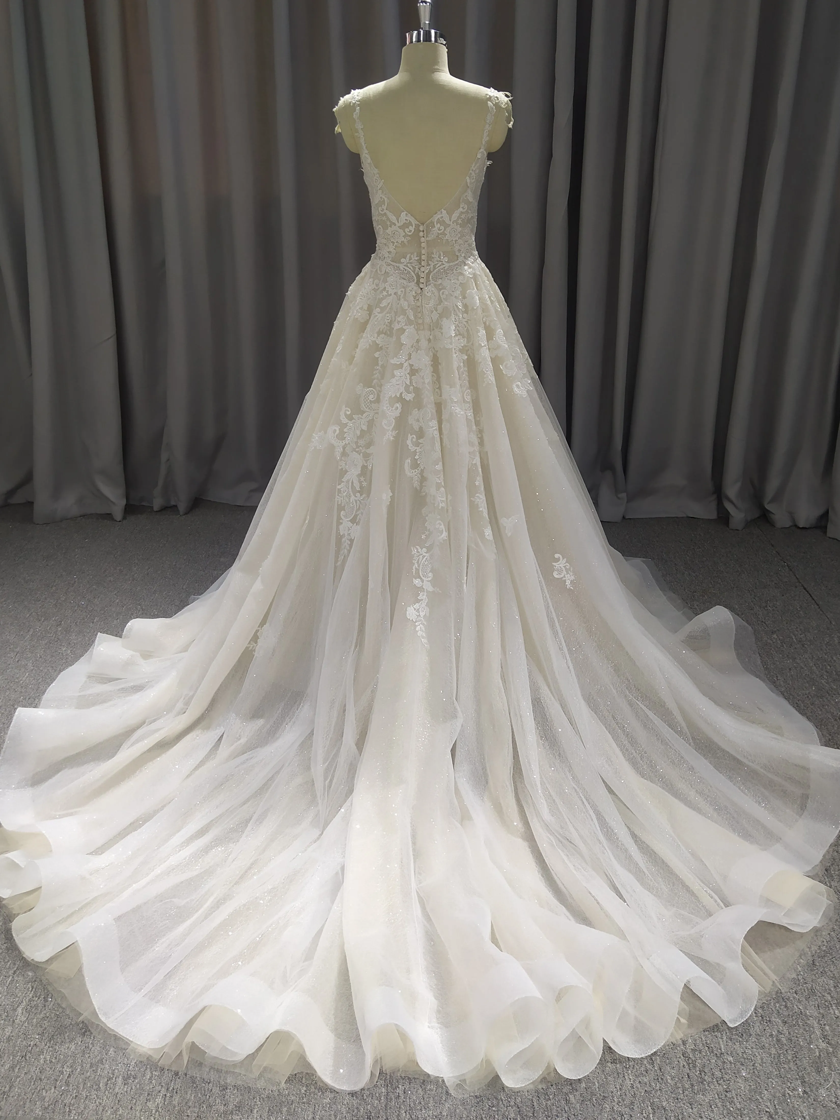 A-Line Spaghetti Straps Court Train Wedding Dresses With Lace