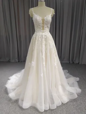 A-Line Spaghetti Straps Court Train Wedding Dresses With Lace
