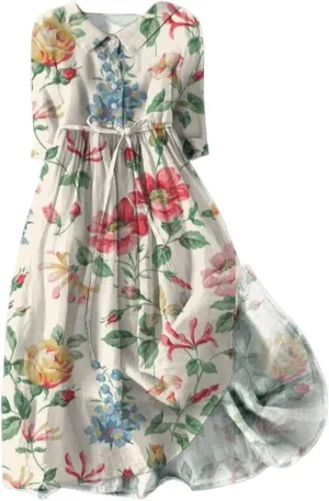 aihihe Women's Cotton Linen Dress Floral Print Short Sleeve Buttoned Spread Collar Midi Dress 2024 Spring Summer Trendy Dress