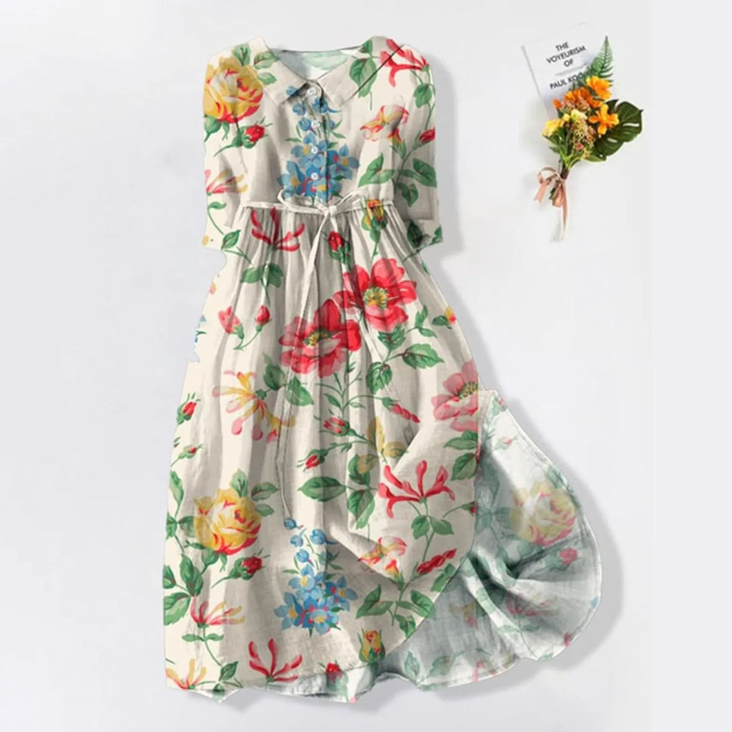 aihihe Women's Cotton Linen Dress Floral Print Short Sleeve Buttoned Spread Collar Midi Dress 2024 Spring Summer Trendy Dress
