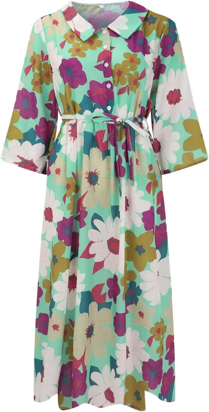 aihihe Women's Cotton Linen Dress Floral Print Short Sleeve Buttoned Spread Collar Midi Dress 2024 Spring Summer Trendy Dress