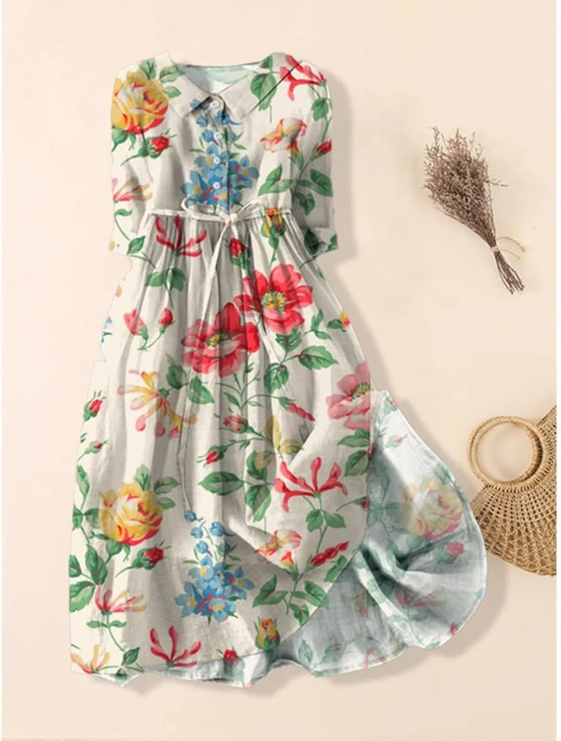 aihihe Women's Cotton Linen Dress Floral Print Short Sleeve Buttoned Spread Collar Midi Dress 2024 Spring Summer Trendy Dress
