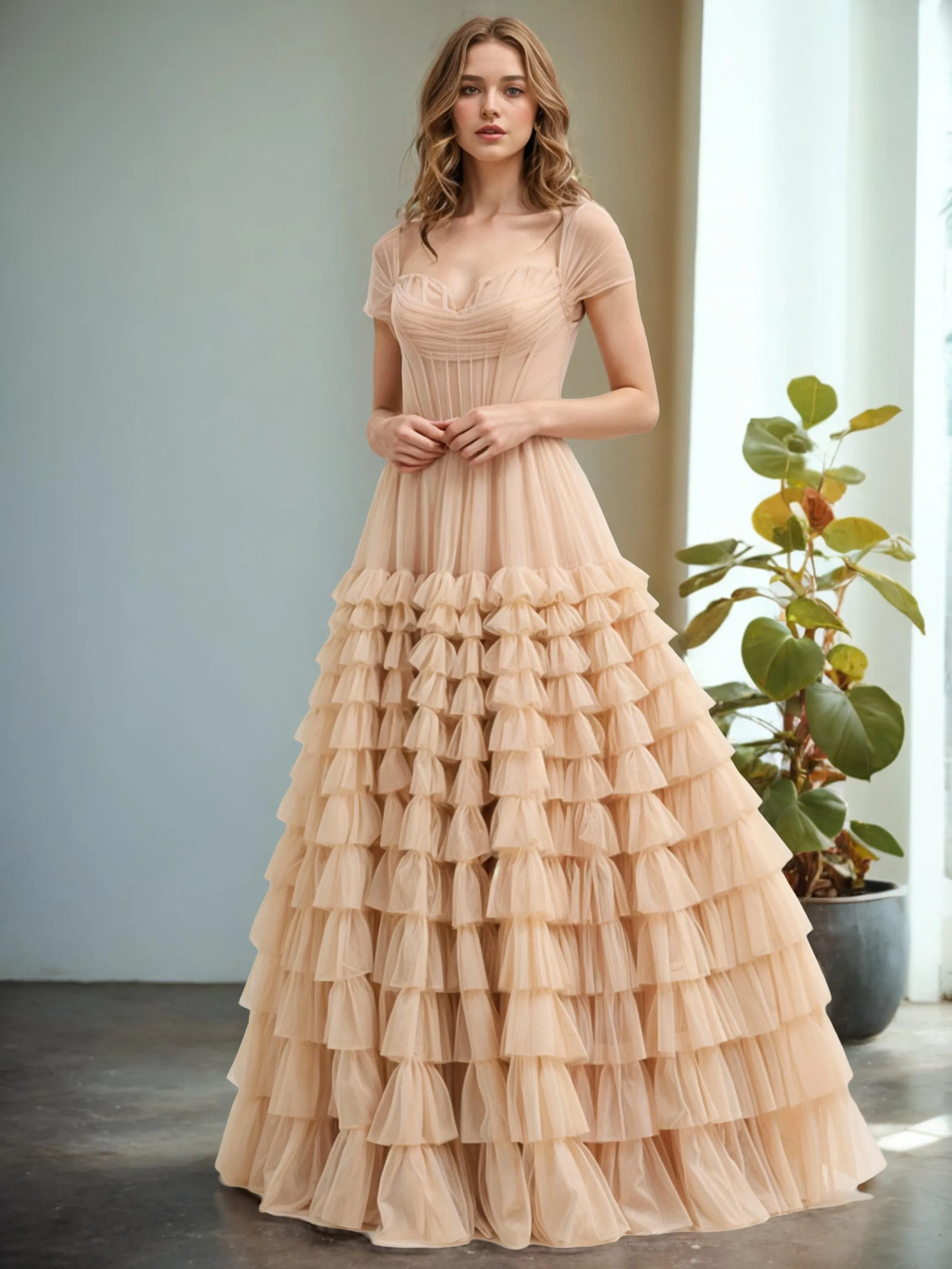 Ball Gown Short Sleeves Layers Wedding Dresses