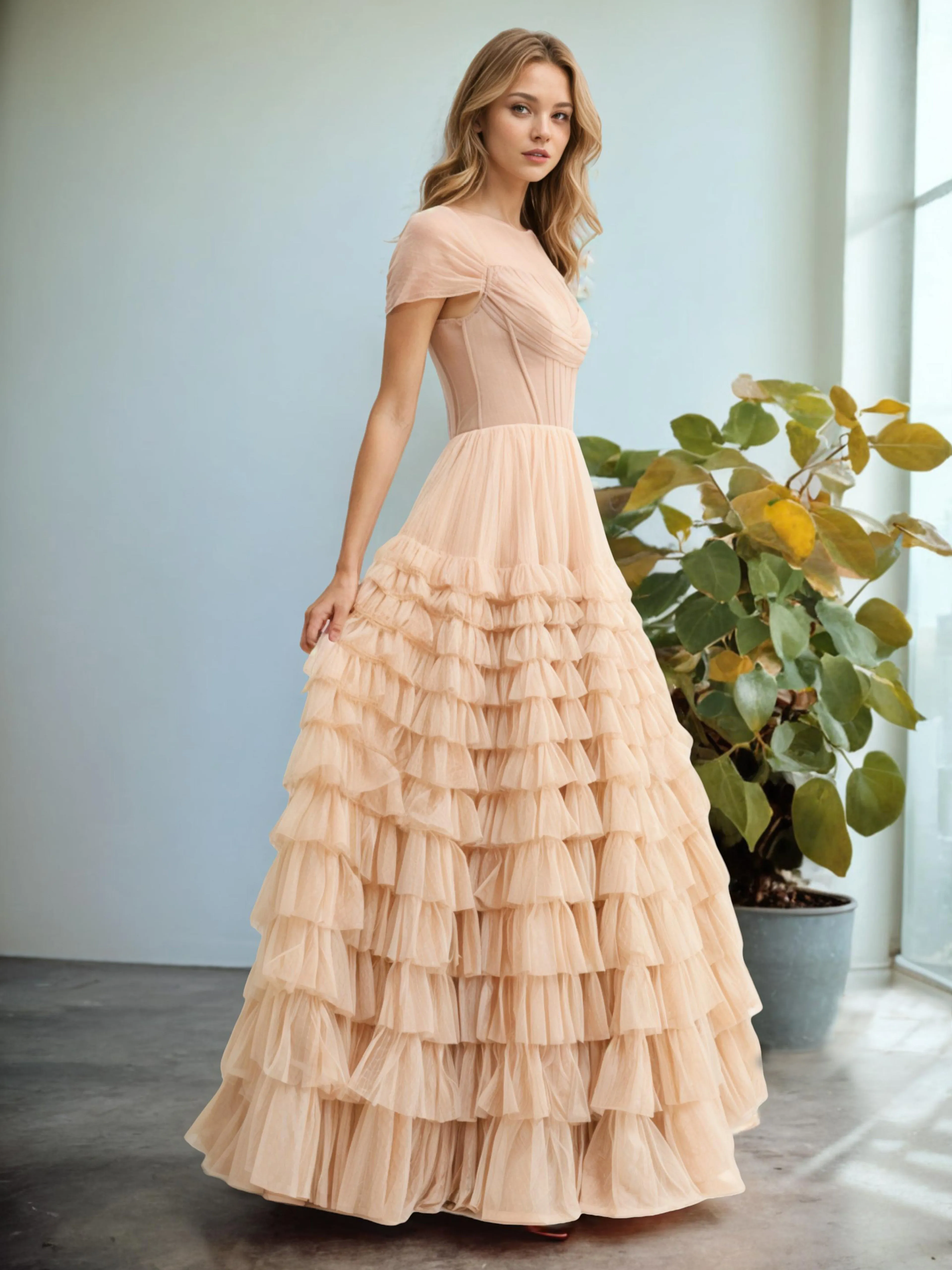Ball Gown Short Sleeves Layers Wedding Dresses