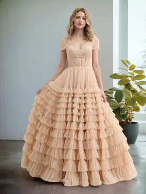 Ball Gown Short Sleeves Layers Wedding Dresses