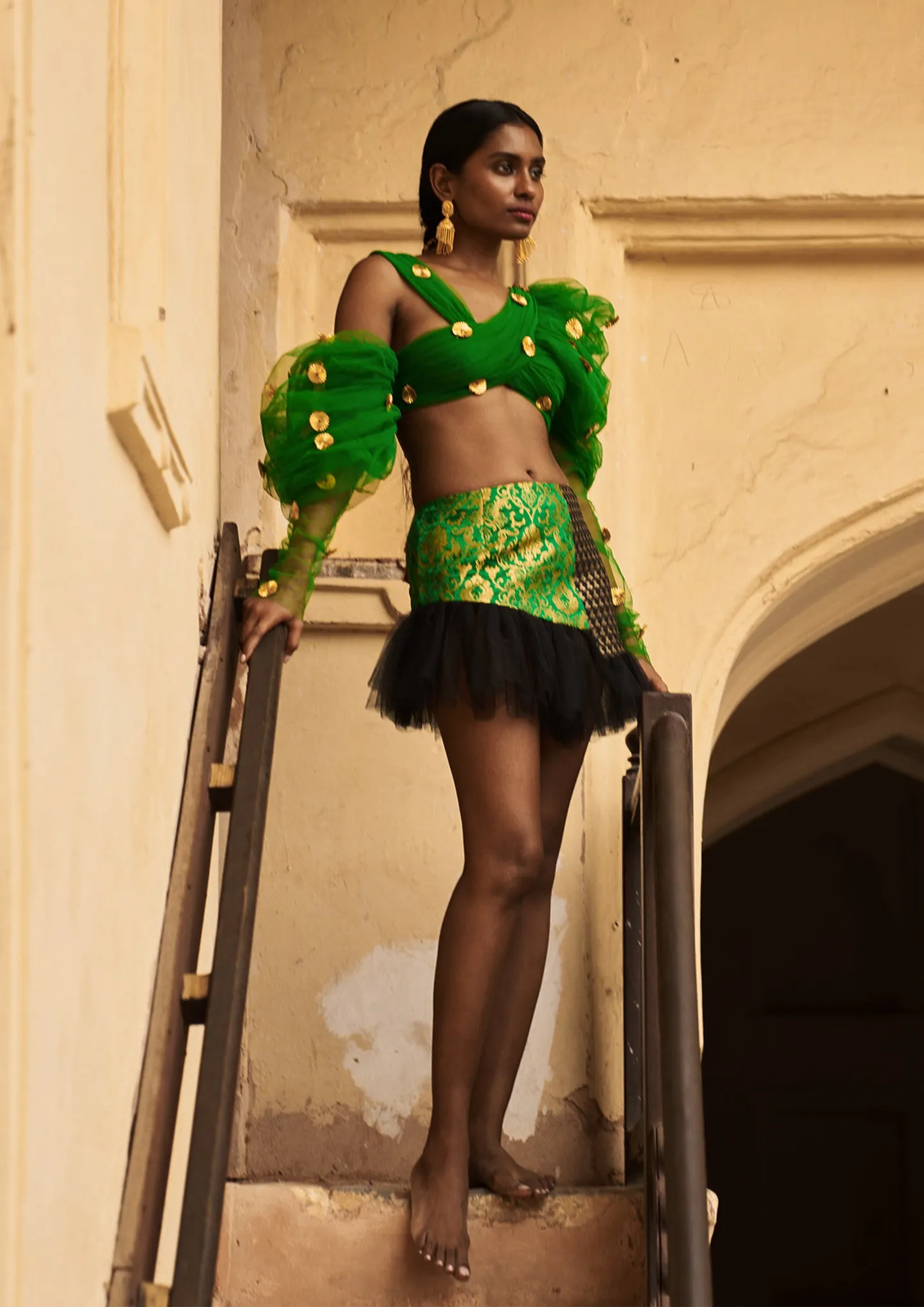 Bijiya Asymmetric Puff-Sleeve Tulle Crop Top