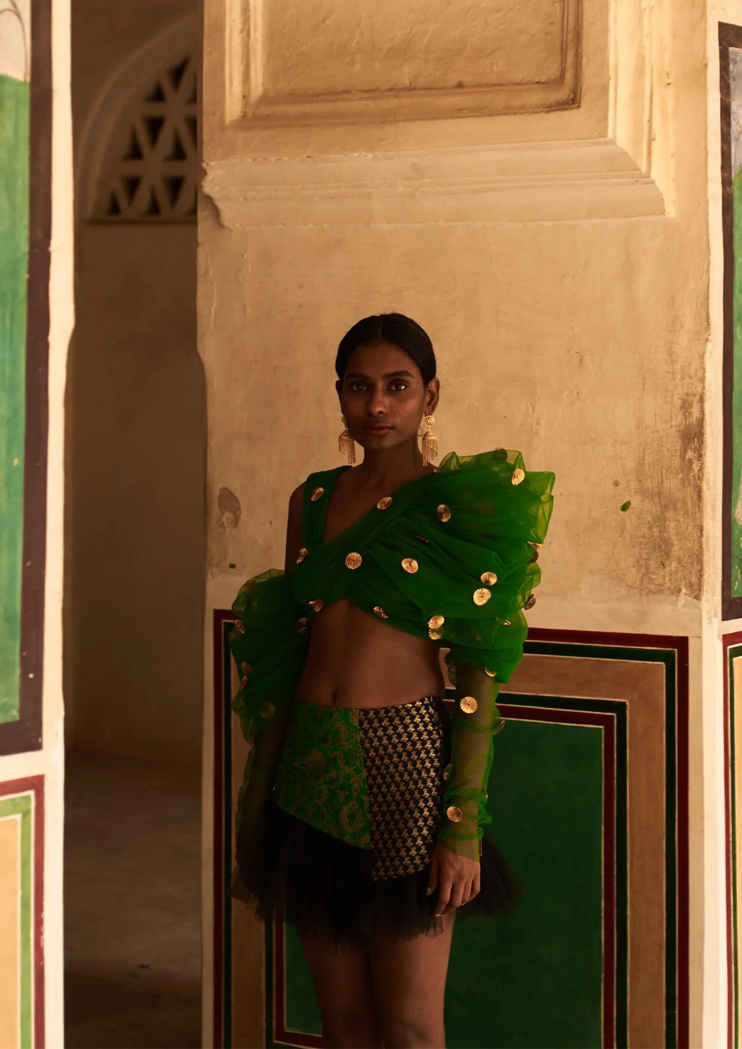 Bijiya Asymmetric Puff-Sleeve Tulle Crop Top