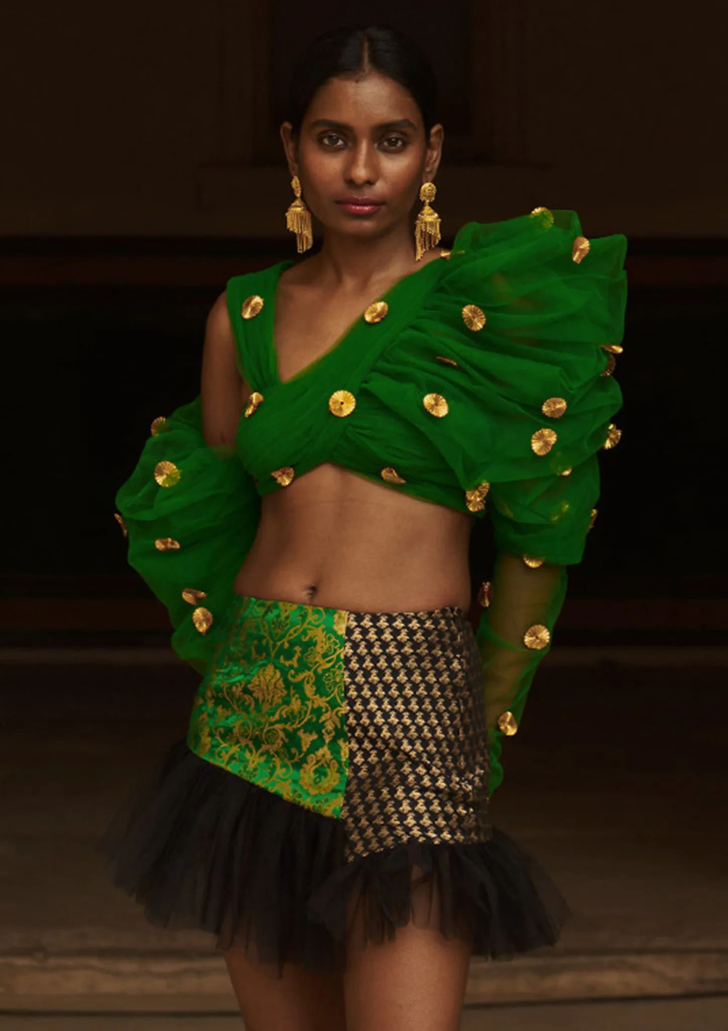 Bijiya Asymmetric Puff-Sleeve Tulle Crop Top