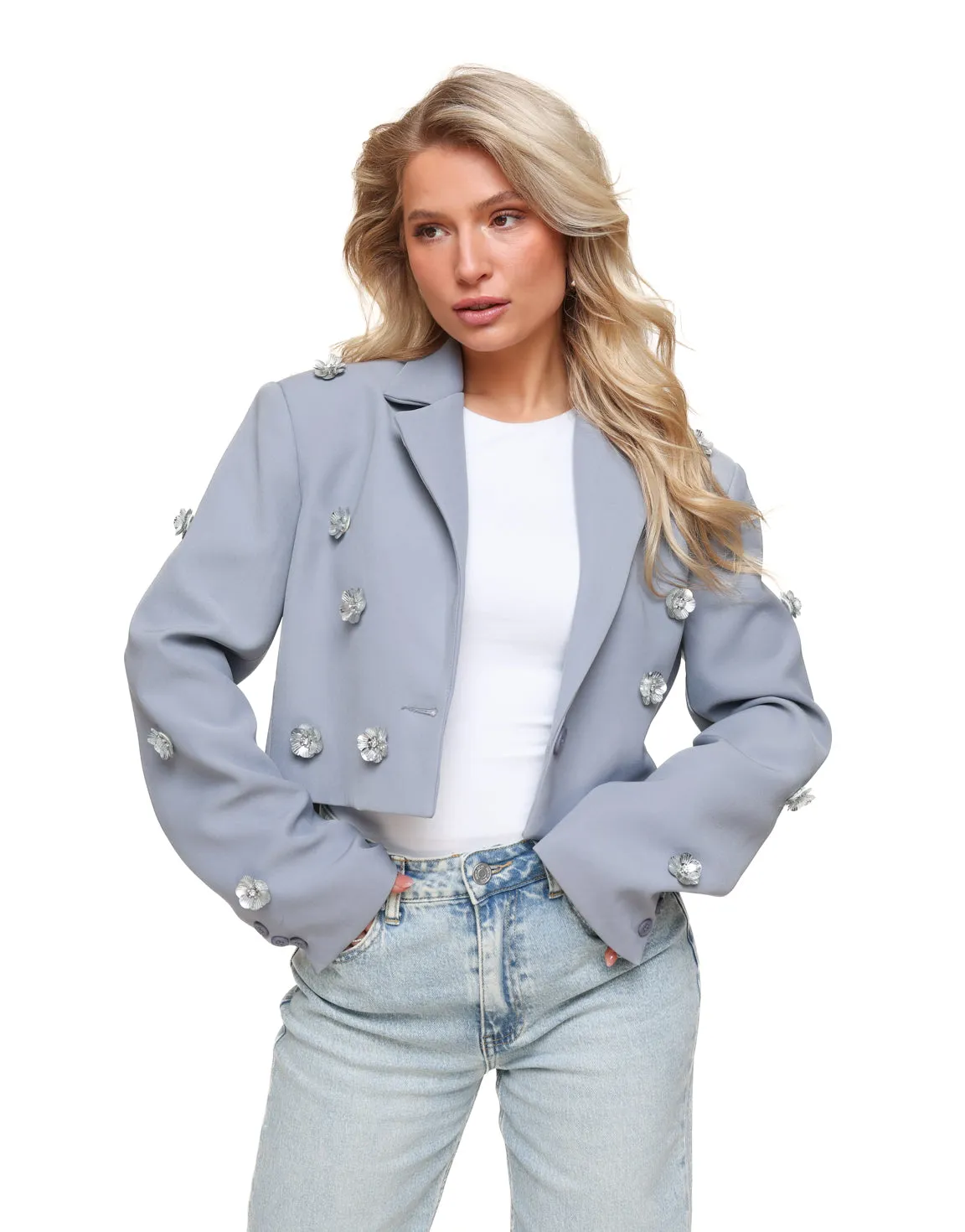 Blauwgrijze Statement Bloemen Cropped - Blazer