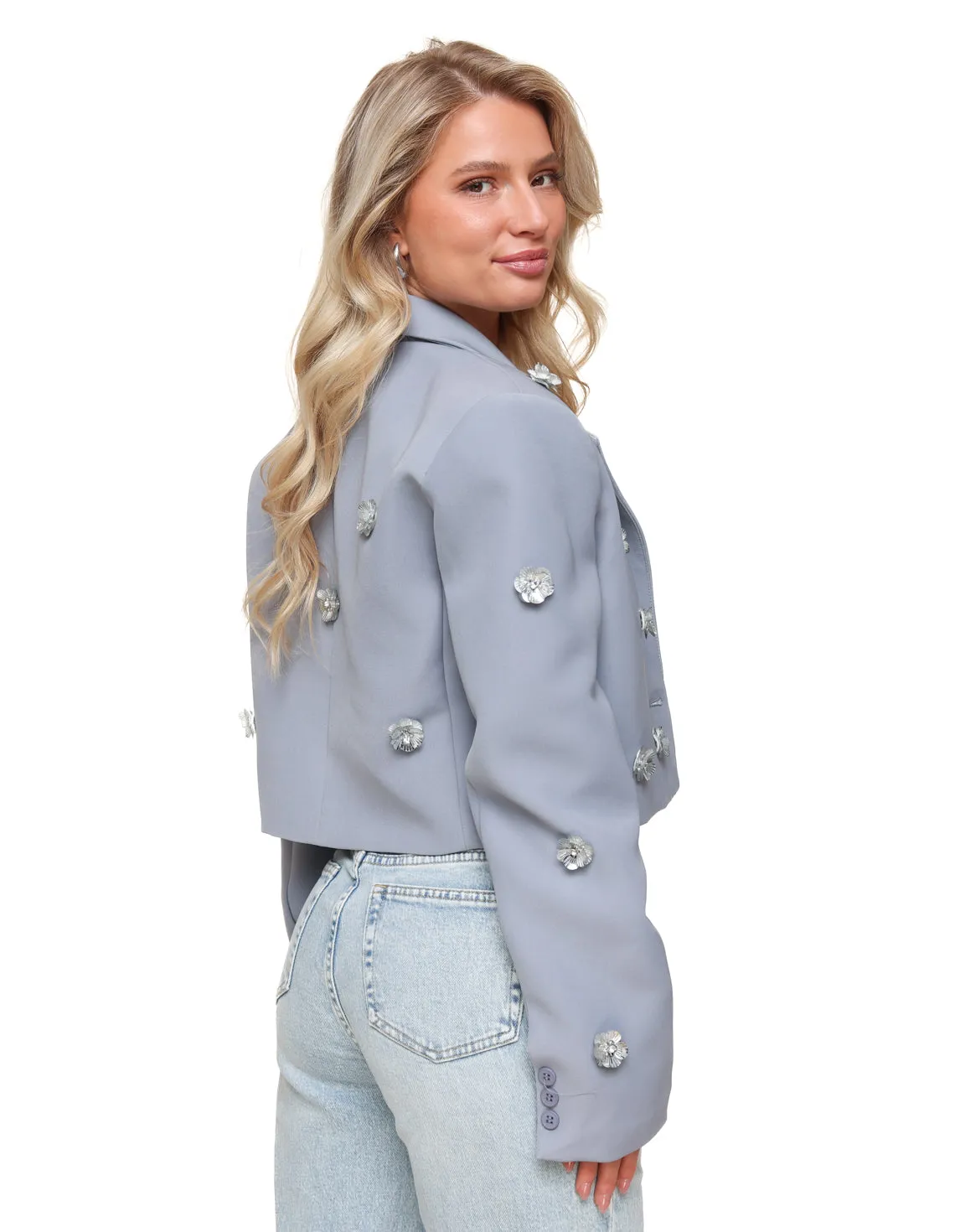 Blauwgrijze Statement Bloemen Cropped - Blazer