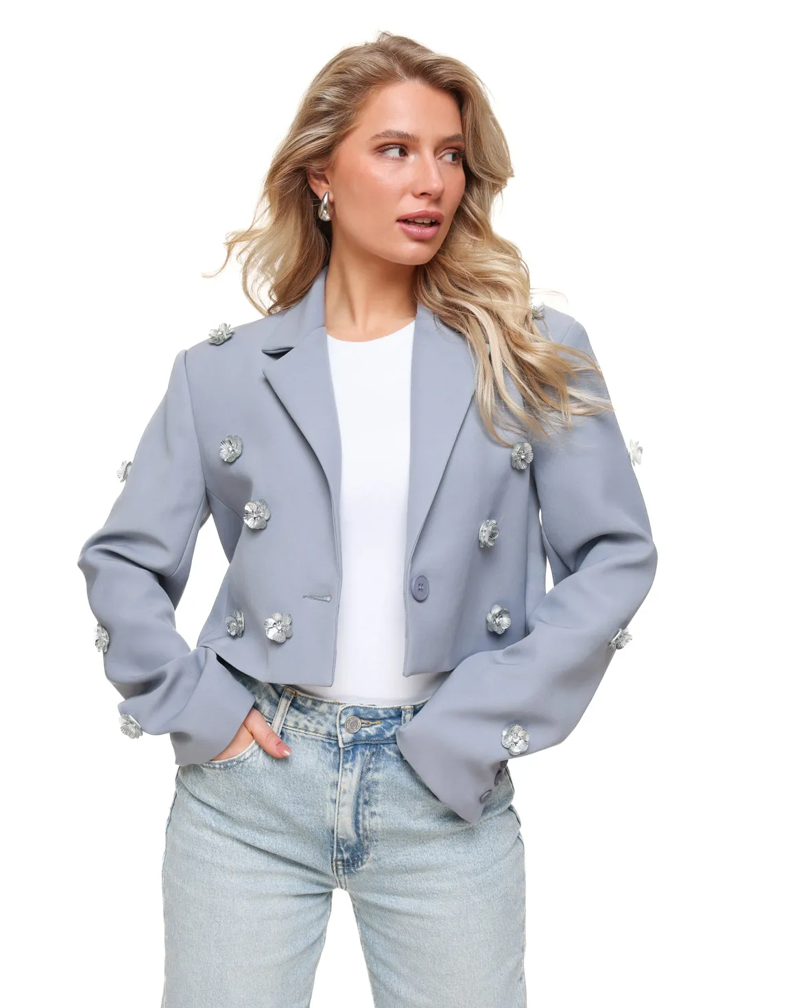 Blauwgrijze Statement Bloemen Cropped - Blazer