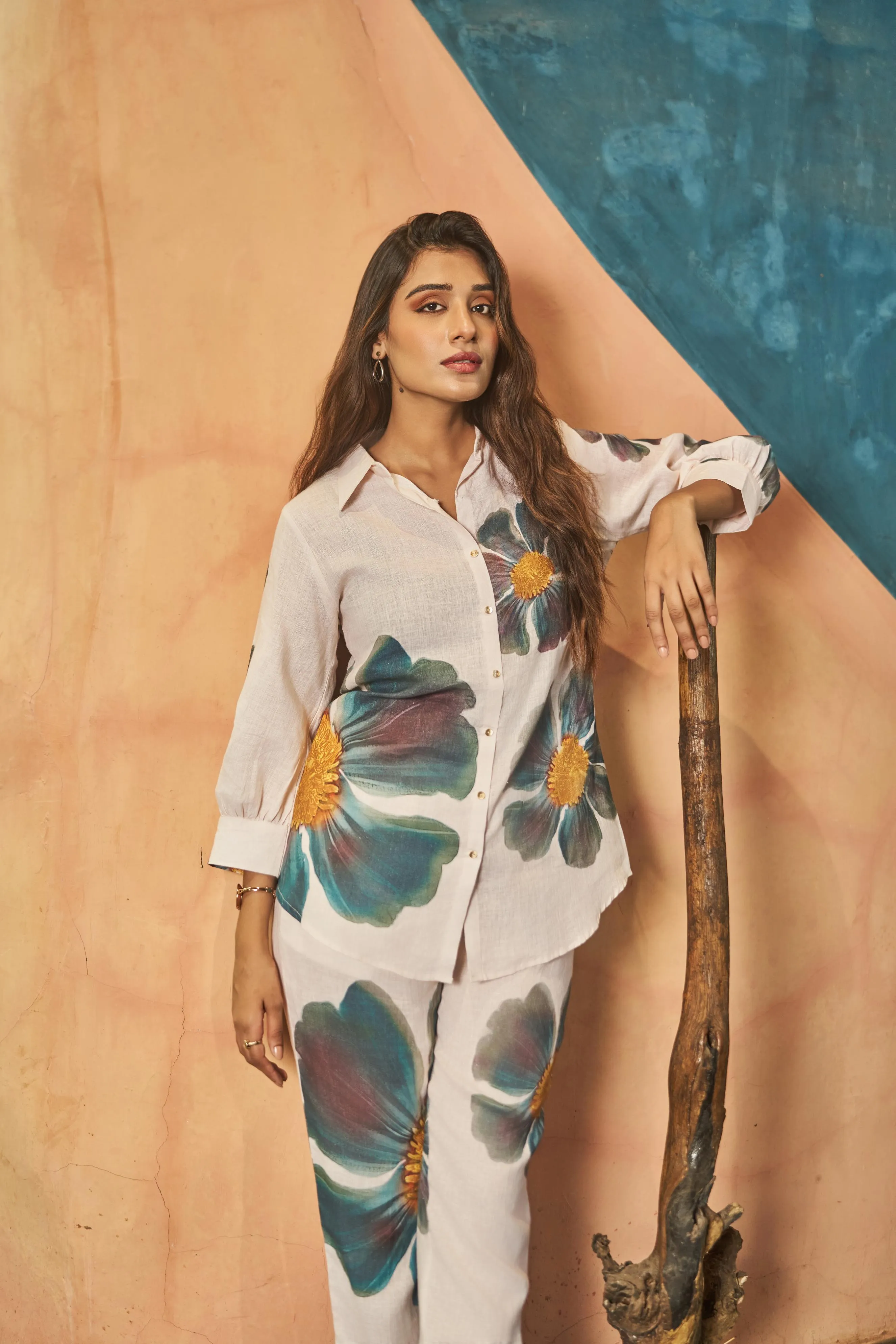 Calming White Floral Printed Belgium Linen Co-Ord Set