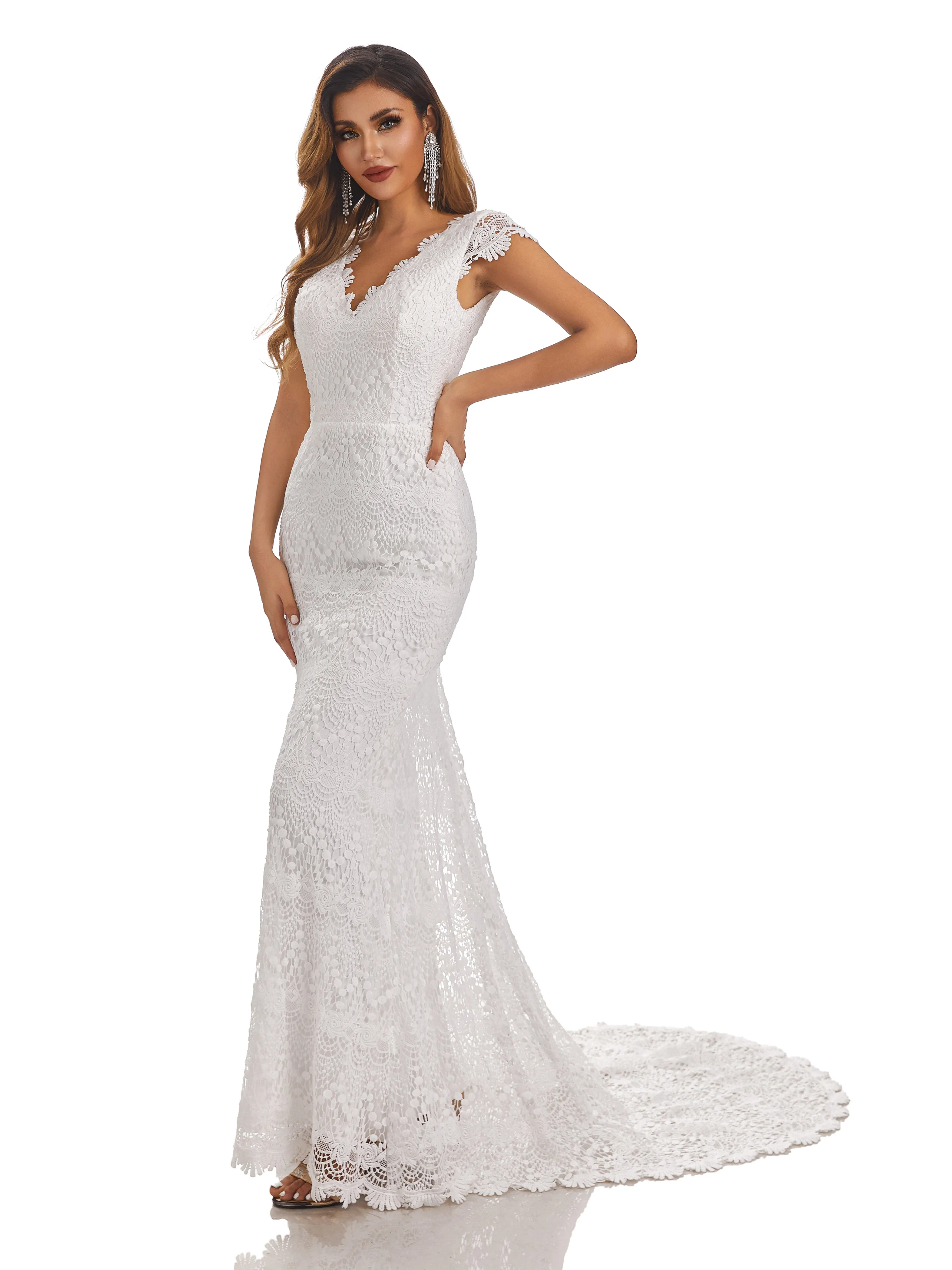 Camille Gorgeous V-neck Chapel Lace Wedding Dresses