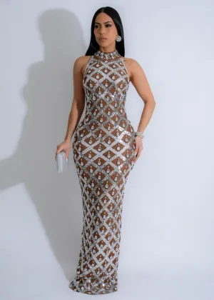 Diamond Radiance Rhinestones Sequin Maxi Dress Brown