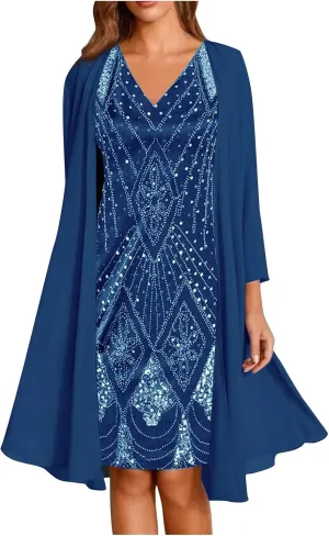 Dress for Women, Women's Fashion Elegant Solid Color Lace Patchwork Chiffon Sleeveless Round Neck Dress Two Piece Dress