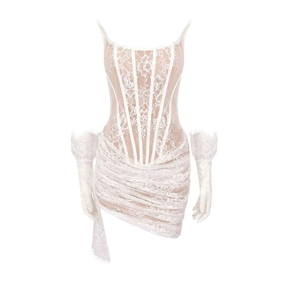 Elegant Dress Strapless Long Sleeves Lace Mini Dress With Gloves