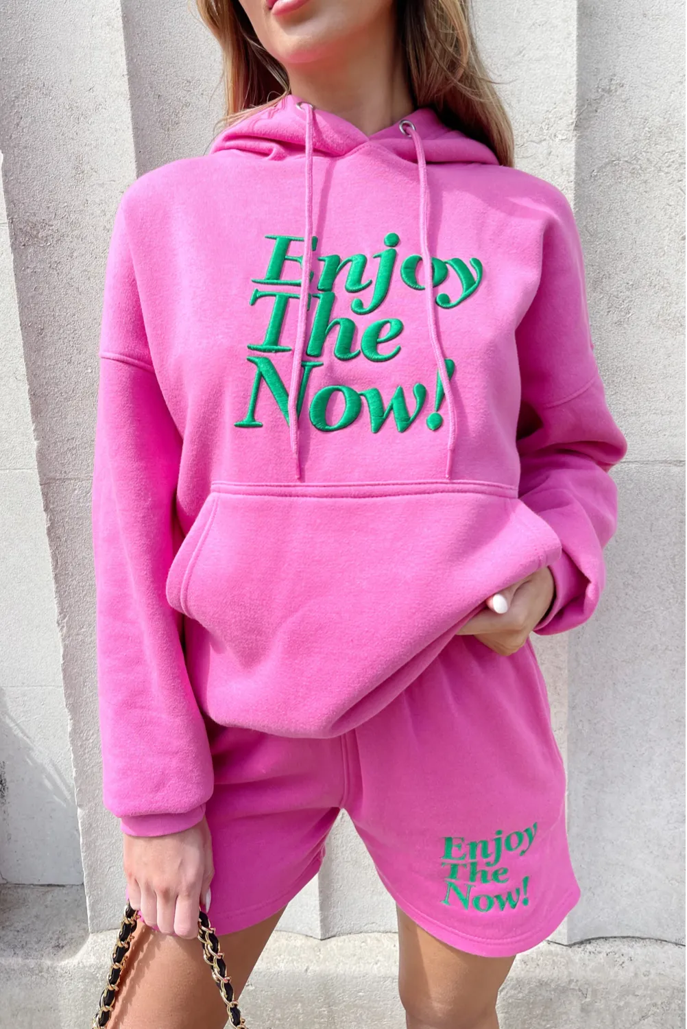 enjoy the now hot  pink embroidered hoodie short loungewear set