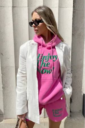enjoy the now hot  pink embroidered hoodie short loungewear set