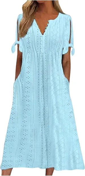 fanmpghleoo Maxi Dress for Women 2025 Cold Shoulder Eyelet Dress with Pockets Beach Vacation Boho Wedding Guest Midi Dresses