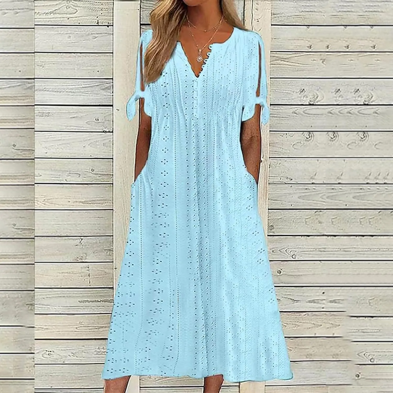 fanmpghleoo Maxi Dress for Women 2025 Cold Shoulder Eyelet Dress with Pockets Beach Vacation Boho Wedding Guest Midi Dresses