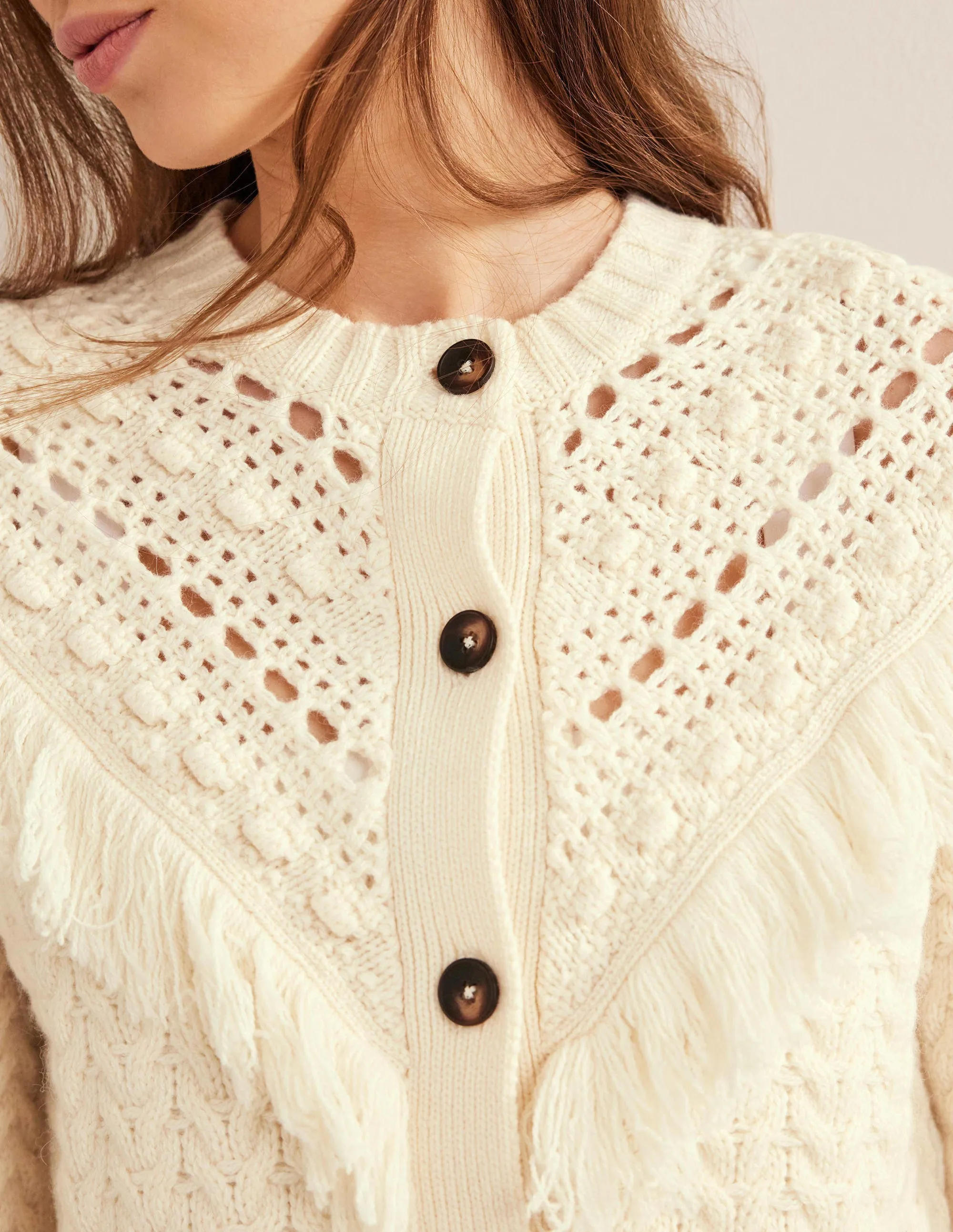 Fringe Detail Cardigan-Ivory