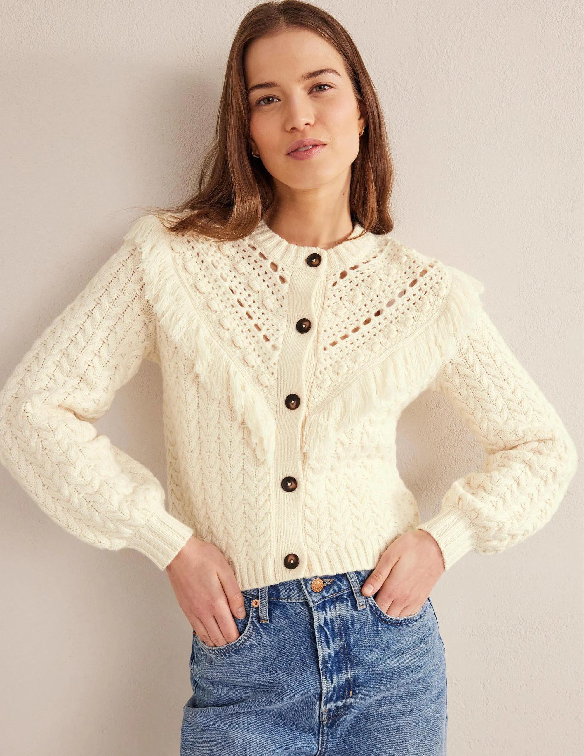 Fringe Detail Cardigan-Ivory