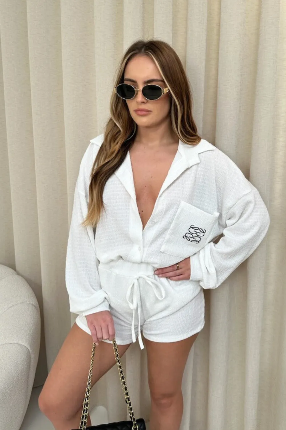 Gege white embroidered cheesecloth shirt short co-ord