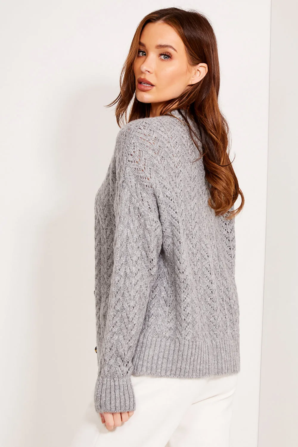 Grey Chunky Cable Knit Button Up Cardigan