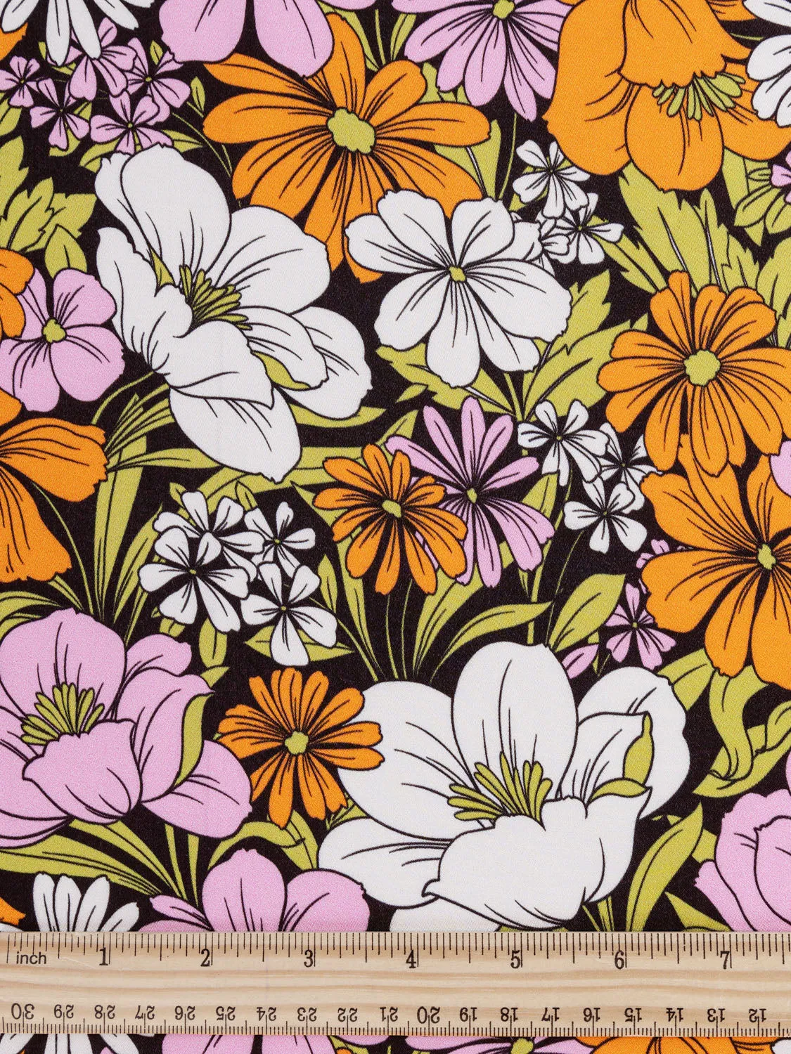 Groovy Floral Print Satin Viscose - Black   Pink   Orange