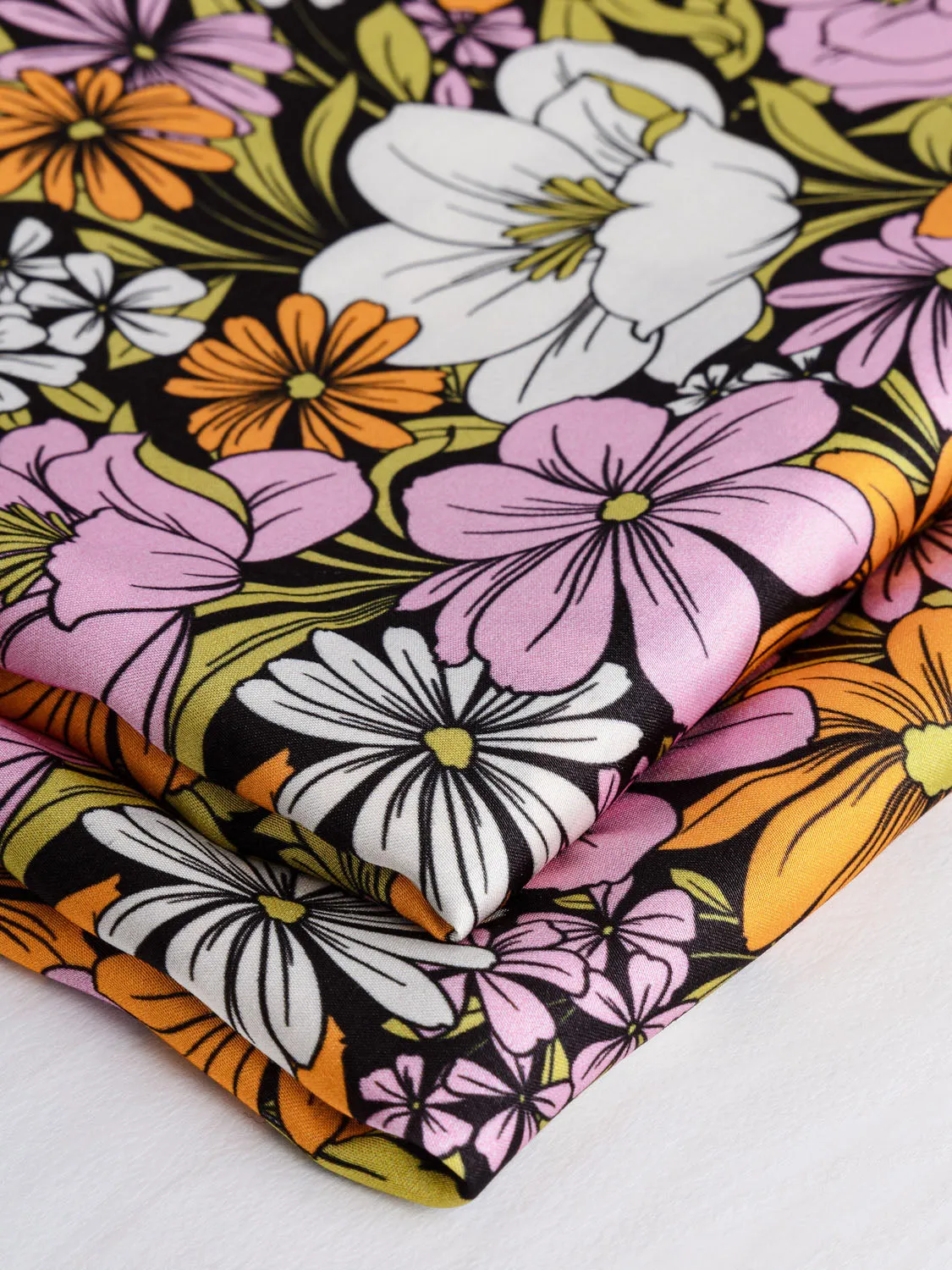 Groovy Floral Print Satin Viscose - Black   Pink   Orange