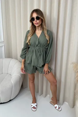Kyra khaki linen tie front shirt shorts Co-ord