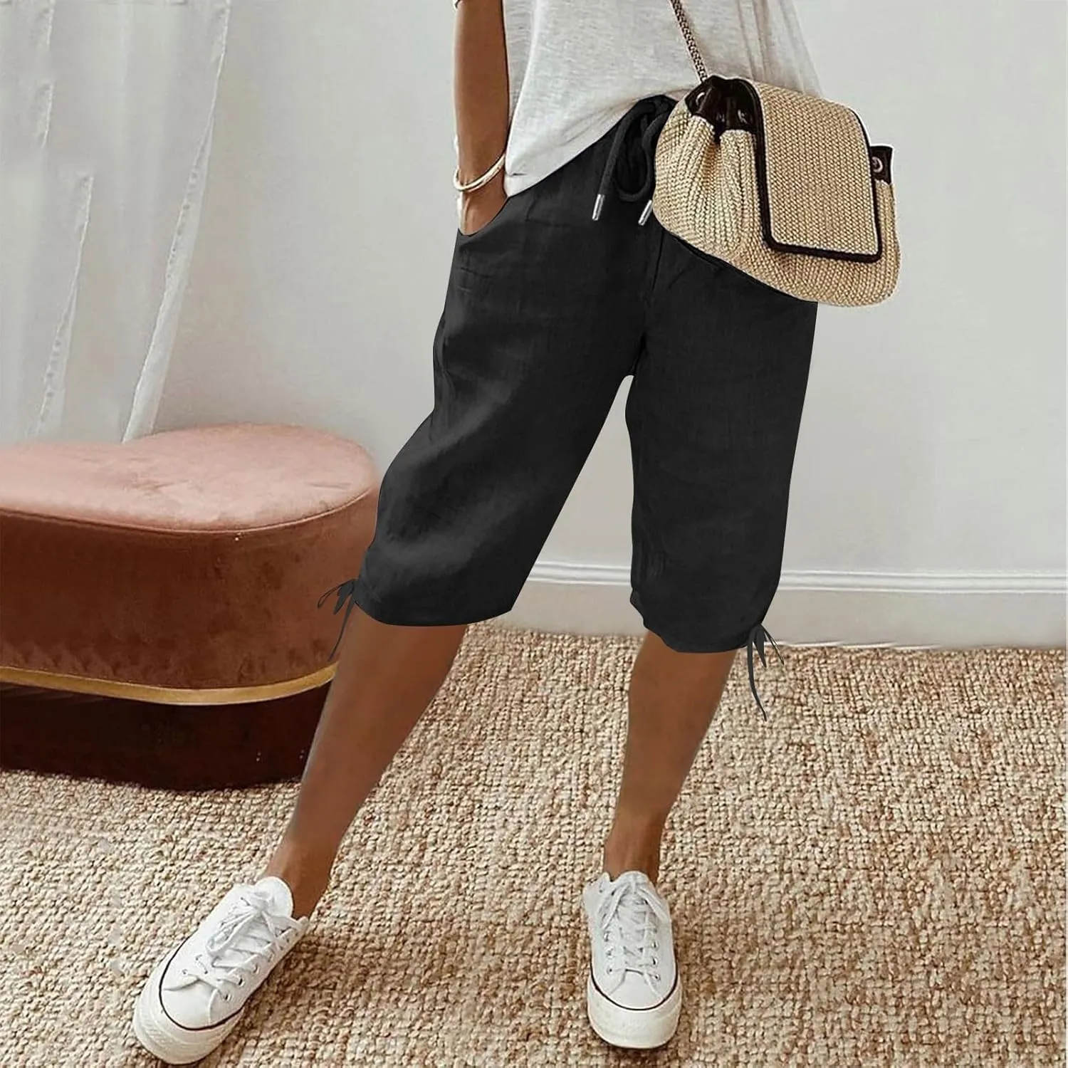 Linen Drawstring Pants for Women Lightweight Shorts High Waisted Casual Summer Drawstring Beach Vacation Outfit