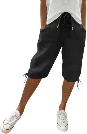Linen Drawstring Pants for Women Lightweight Shorts High Waisted Casual Summer Drawstring Beach Vacation Outfit