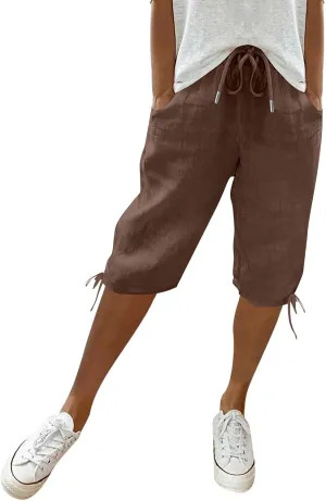 Linen Drawstring Pants for Women Lightweight Shorts High Waisted Casual Summer Drawstring Beach Vacation Outfit