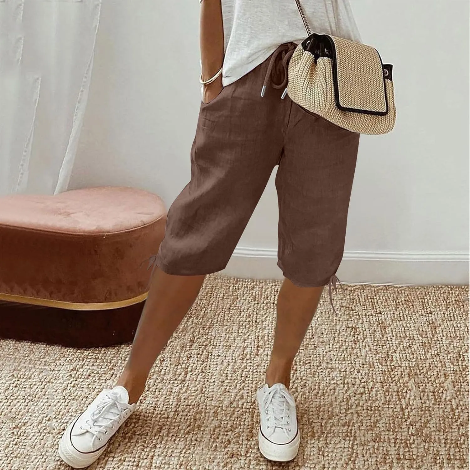 Linen Drawstring Pants for Women Lightweight Shorts High Waisted Casual Summer Drawstring Beach Vacation Outfit