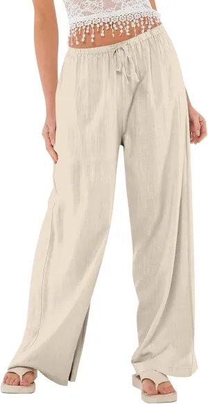 Linen Pants Women Summer Wide Leg Pants Drawstring Elastic Waist Trousers Baggy Maternity Palazzo Pant with Pockets