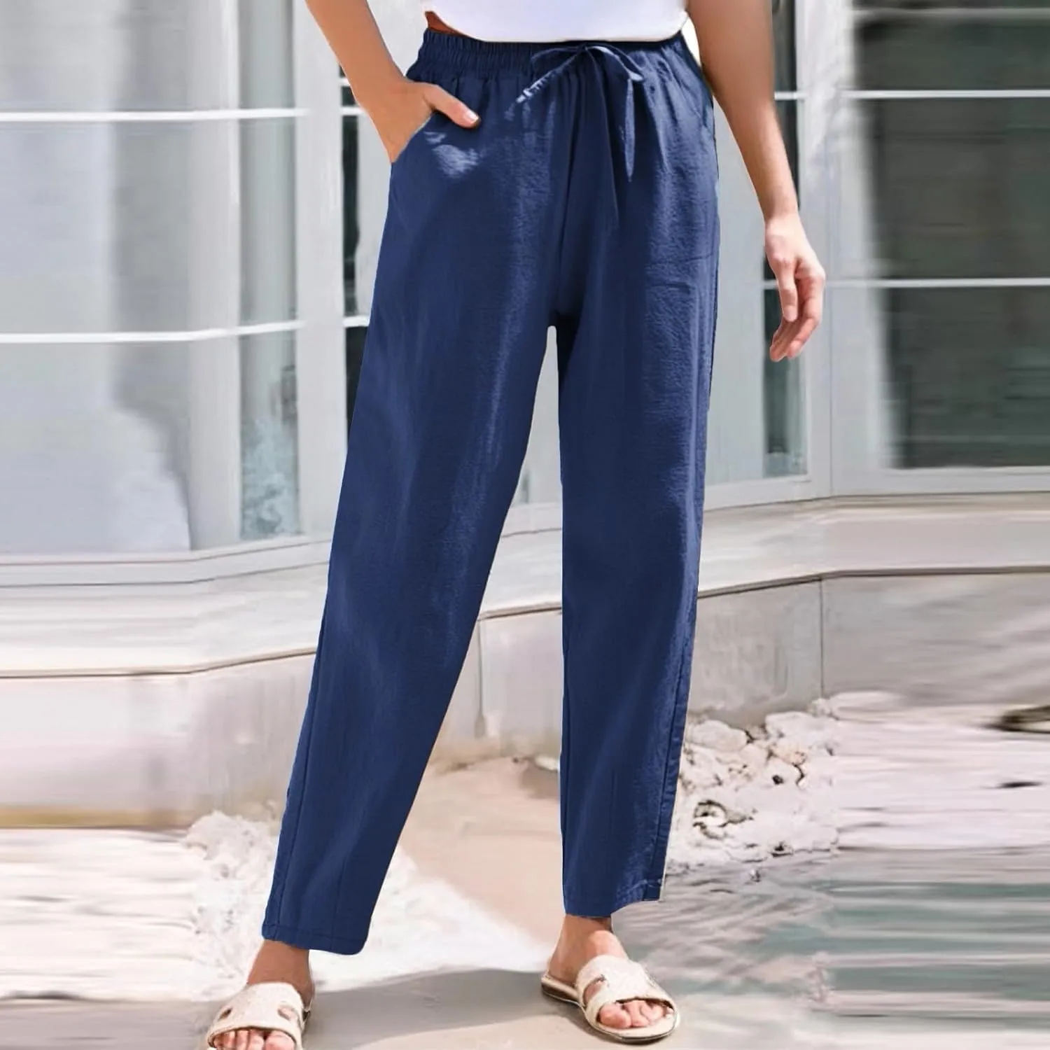 Linen Pants Women Wide Leg Elastic Drawstring Pants Women Lounge Comfy Summer Casual Beach Trousers with Pockets