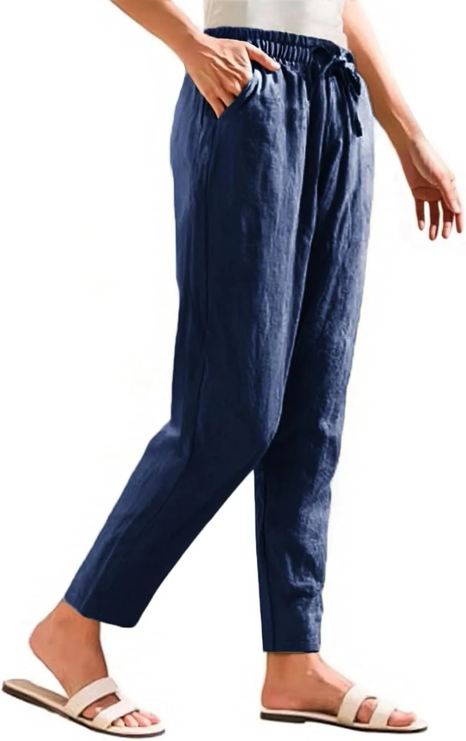 Linen Pants Women Wide Leg Elastic Drawstring Pants Women Lounge Comfy Summer Casual Beach Trousers with Pockets