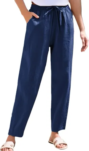 Linen Pants Women Wide Leg Elastic Drawstring Pants Women Lounge Comfy Summer Casual Beach Trousers with Pockets