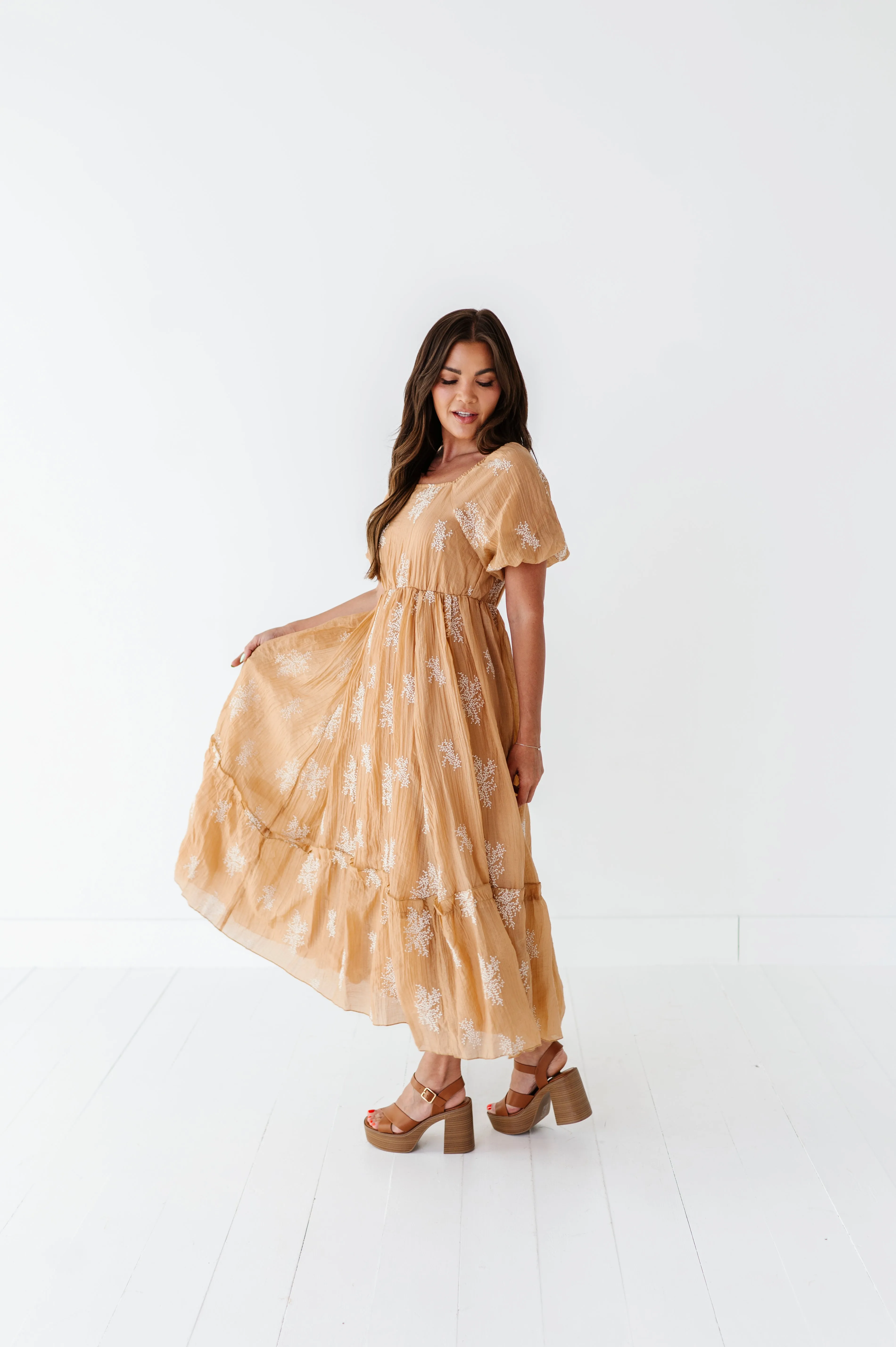 Lola Embroidered Dress in Camel - Size Medium Left